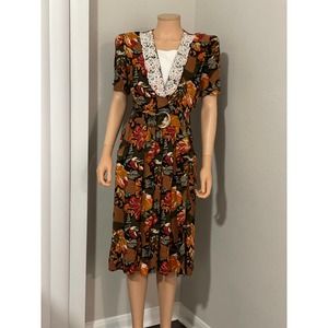 80s S.L. Petites orange brown floral pencil belted dress Sz S
